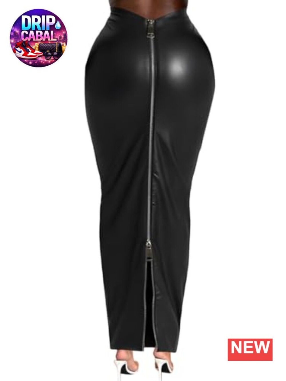 Stretch Faux Leather Maxi Skirt with Double Zipper, Slim Fit